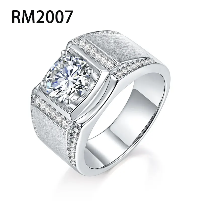 טבעת כסף גברים 1 קראט 2 קראט בחיתוך עגול D VVS1 טבעת כסף סטרלינג 925 מויסניט עם גודל הונג קונג