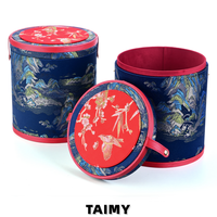 Boîte à bijoux cylindrique de style chinois en gros, boîte de rangement de luxe pour bijoux, étui cadeau pour bijoux avec broderie paysagère, vente en gros