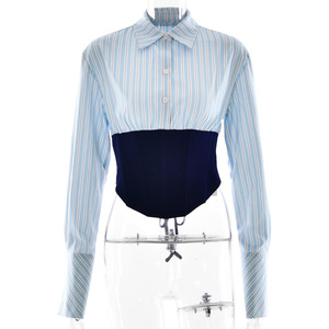 Women Striped <b>Patchwork</b> Button Down <b>Shirt</b> Long Sleeve Contrast Color Slim Fit Everyday Wear - Product Image 5