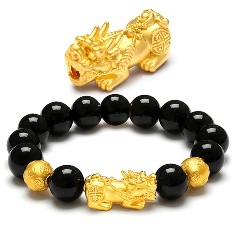 Fashion Gold Plated Pi Yao Feng Shui 12mm Black Obsidian Beads Women Men Charm Fengshui Pixiu Bracelet Jewelry