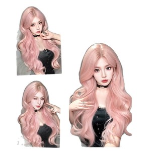 Peluca larga y rizada rosa con flequillo lateral, línea de cabello natural, peluca completa para mujer, color rosa melocotón coreano, 75 cm, fibra resistente a altas temperaturas - Product Image 3
