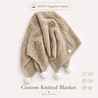 Couverture pour bébé en coton biologique tricoté à points de feuilles personnalisée avec pompon, couvertures et plaids haut de gamme
