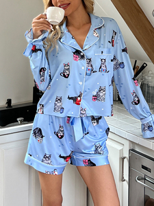 Ensemble pyjama en satin imprimé chat bleu pour femmes, chemise à manches longues et short, tenue décontractée deux pièces pour le printemps et l'été - Product Image 5