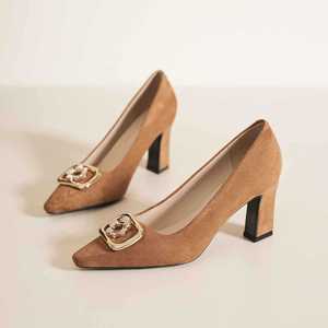 Escarpins rétro en velours à bout carré avec boucle en strass, talon bloc moyen, chaussures confortables pour femmes - Product Image 4