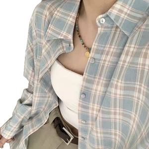 Großhandel Hemden Frauen Laterne Ärmel Strickjacke Vintage Top Pink Lila Kariert Schöne Bluse Mode - Product Image 6