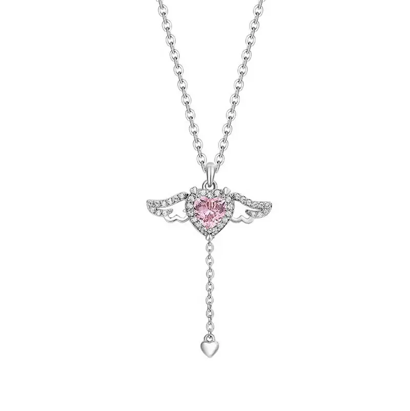 Kisvi Fashion Heart Pink Zircon heart Wing Angel Pendant S925 Sterling Silver Necklace For Women