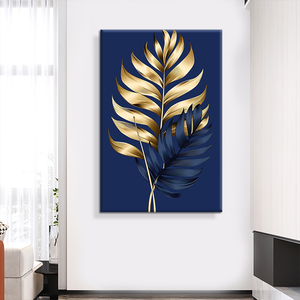 Quadro Astratto <span class=keywords><strong>con</strong></span> <span class=keywords><strong>Foglie</strong></span> Dorate su Sfondo Blu, Dipinto su Tela 60x90cm per Decorazione d'Interni - Product Image 5