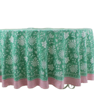 Mint Green Pink Modern Handmade Indian Floral Cotton Round Reusable <b>Tablecloth</b> Hand Block Printed Border for Home Parties Events - Product Image 1