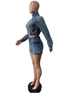 Viviblook Z915ST07 Nuevo traje de mezclilla elástico Botón Delgado Chaqueta de manga larga Pantalones cortos 2 piezas Conjunto de talla grande para mujer - Product Image 5