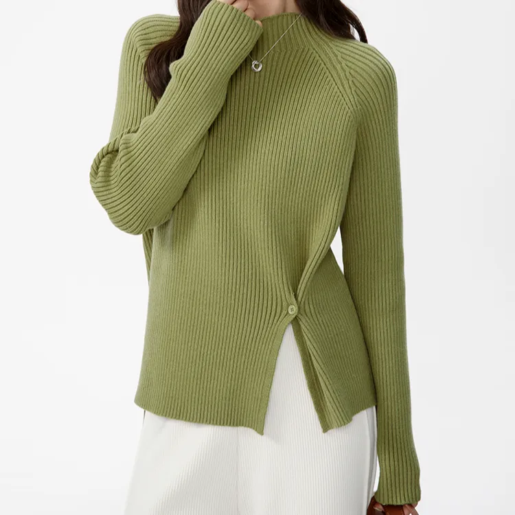 Winter Stand Collar Irregular Wool Knitted Shirt Women's Long Sleeve Sweaters Crew Neck Solid Color Pullover Jumper Tops