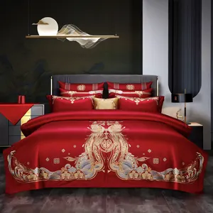Luxury Chinese Red 100% cotton luxury wedding bedding set