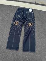 Jeans en denim noir vintage pour hommes, style européen, avec broderie motif toile d'araignée, coupe droite, style Thug Club, pantalon large pour hommes