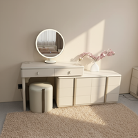 Table de toilette haut de gamme en MDF et bois massif avec miroir artistique, tiroirs et tabouret de luxe – Service de conception personnalisée