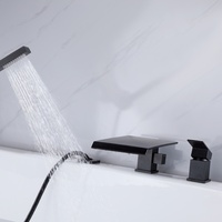 Robinet de baignoire noir mat à 3 trous avec bec cascade extra-large, levier carré, interrupteur douche/baignoire, barre de douche carrée
