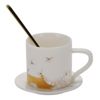 Ensemble tasse et soucoupe en céramique de style chinois avec motif de grue dorée, tasse blanche avec cuillère dorée pour le thé