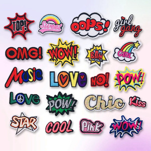 Gran oferta de parches bordados con letras al por mayor en Stock <span class=keywords><strong>WOW</strong></span> POW KISS <span class=keywords><strong>LOVE</strong></span>, insignia bordada con letras, parche para planchar - Product Image 1