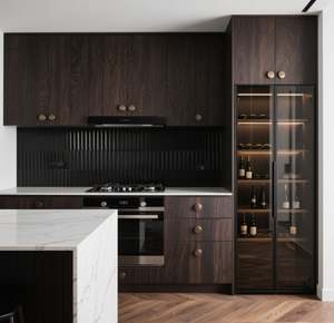 SANTOPOVA Modern Dark Wood Grain Kitchen Set with <b>Black</b> Appliances and Glass-Front Wine <b>Cabinet</b> - Product Image 2