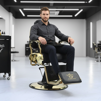 Fauteuil de Barbier Antique Noir et Or en Cuir Capitonnée avec Pompe Hydraulique en Acier Inoxydable et Base Réglable en Hauteur pour Salon de Coiffure