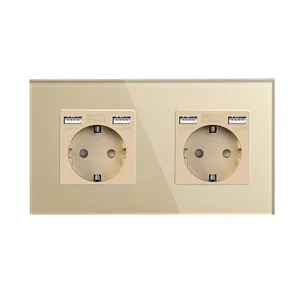 EU 16A Double Sockets Europe Dual Power Outlets with USB A Type-C Glass Panel Electrical Plug
