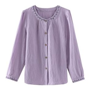 Linen <b>Shirt</b> Women Long Sleeve Embroidered Navy Blue Solid Color Vintage Style Everyday Wear Cotton Fabric ZY-701 - Product Image 5