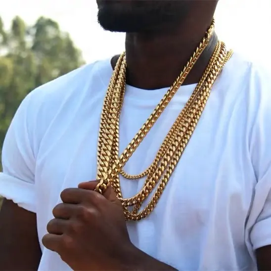Kustom Dipersonalisasi 14K 18K Disepuh Miami Stainless Steel Emas Kuba Link Rantai Hip Hop Perhiasan Kalung untuk Pria