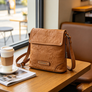 Sac bandoulière rétro en similicuir froissé avec rabat, plaque décorative en métal et sangle réglable – Sac à main décontracté - Product Image 1
