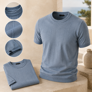 T-shirt Old Money pour Homme en Maille Côtelée Col Rond Manches Courtes Haut Décontracté Premium pour l'Été Vêtement Chic de Resort Vente en Gros Étiquette Personnalisée - Product Image 2