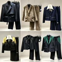 Ensemble de costume 2 pièces pour homme, coupe courte, de luxe, avec blazer orné de perles et de pompons et pantalon large, idéal pour mariage, fête, scène, grandes tailles, vente en gros