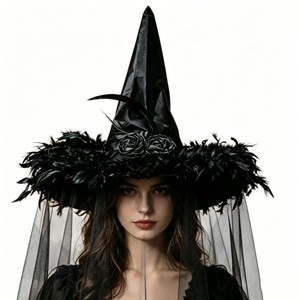 Nuovo Cappello da Strega di Halloween con Decorazione in Piume, Bicolore Nero e Viola, Accessorio per Trucco e Cosplay - Product Image 3