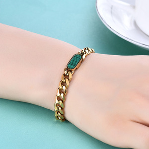 Pulsera de Cadena Cubana de 7mm, Acero Inoxidable, Chapado en Oro de 18K, con Incrustaciones de Malaquita, Joyería de Regalo a la Moda - Product Image 2