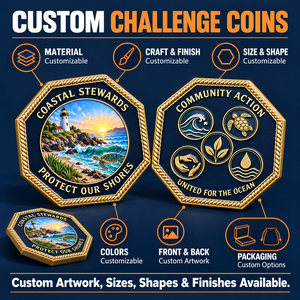 Moneda de desafío octogonal personalizada para la gestión costera, para eventos de conservación oceánica, OEM ODM - Product Image 4
