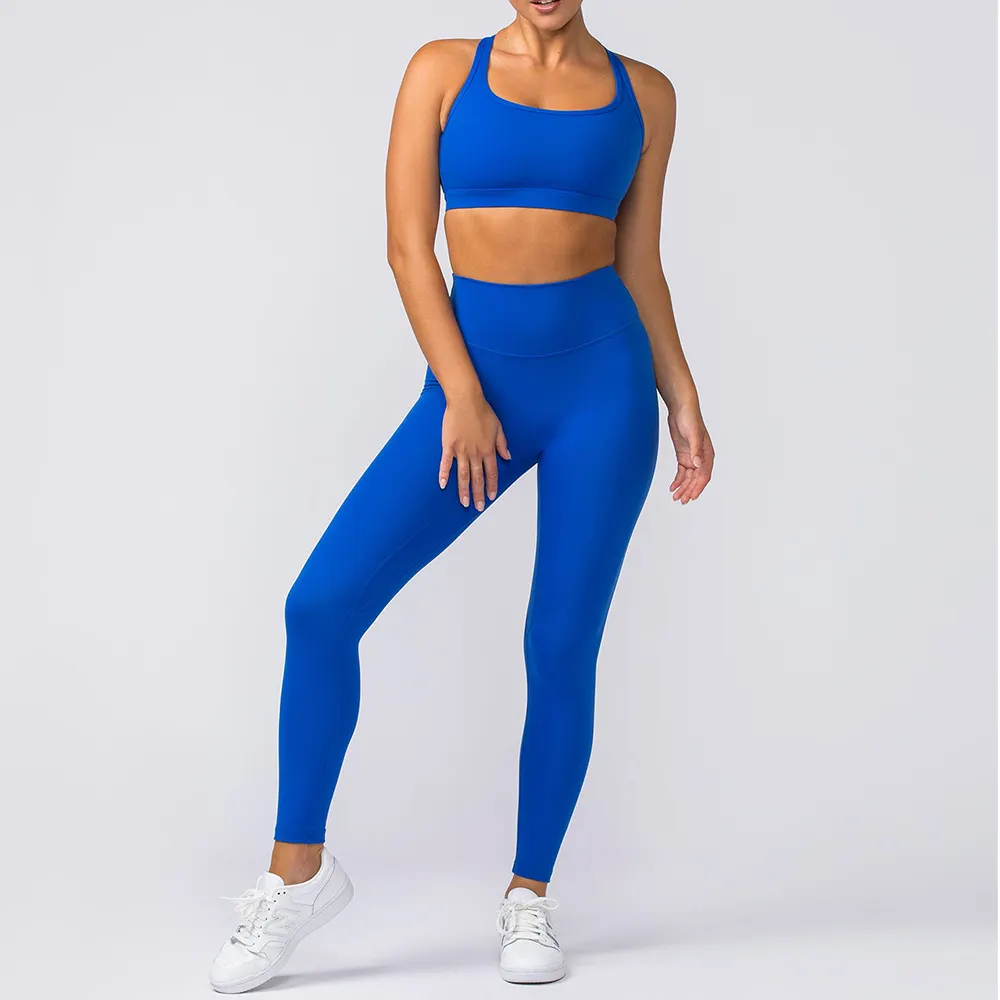 Damen neuer rückenfreier Low Impact Fitness-BH und keine vordere Naht Trainingsgallengesets Sommer Nylon 2 Stück Yogabekleidung 2024