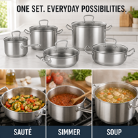 Batterie de cuisine robuste en acier inoxydable pour la maison et la restauration, comprenant poêles à sauter, casseroles et marmites, vente en gros, qualité export