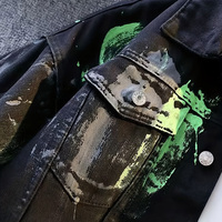 Veste en jean streetwear hip-hop oversize pour homme, effet graffiti, délavée à l'acide, style vintage