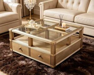 Luxury Gold Glass Top Coffee <b>Table</b> Modern Living Room Square Coffee <b>Table</b> with 2 <b>Drawers</b> - Product Image 6