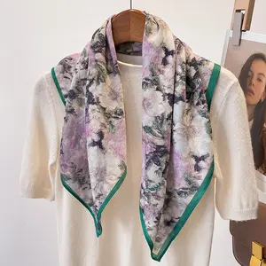 Wholesale 70*70cm Soft Viscose Cotton Flower Printed Square Hair Scarf High Quality Right Angle Velvet Tie Small Square Scarf
