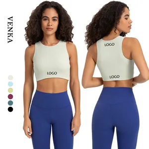 Ropa deportiva con logotipo personalizado para mujer, chaleco de cuello redondo sin mangas, Top acanalado corto para gimnasio, Top sin mangas para Yoga