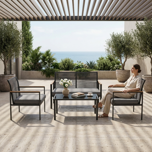 Ensemble de canapés d'extérieur moderne 4 pièces confortable en rotin noir creux avec structure en acier, mobilier de <span class=keywords><strong>jardin</strong></span>, accoudoirs aspect bois, pour cour et hôtel - Product Image 3