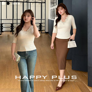 Runqi - Top de Punto con Cuello en V y Encaje para Mujer, Manga Tres Cuartos, Corte Ajustado, Suave, Talla Grande, Moda Primavera - Product Image 4