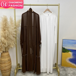 Summer Lightweight Chiffon Open Abaya Set with White Pearls Tie Belt Long Sleeve Dubai Abayas 5 Colors (1964+6435) - Product Image 1