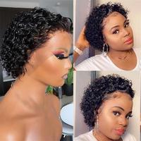 Perruque 100% Cheveux Humains Vierges, Coupe Courte Pixie Bouclée, Dentelle Suisse HD 13*1 Frontale