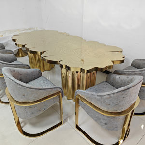 Mesa de Comedor Boca Do <span class=keywords><strong>Lobo</strong></span> con Tapa Grabada Dorada, Acero Inoxidable, Mesas Grandes Personalizadas, Diseño Irregular, Raíces de Árbol, Mesa de Comedor Larga - Product Image 1