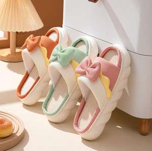 Nouvelles pantoufles en lin femme résidence ménage dessin animé quatre saisons haut <span class=keywords><strong>de</strong></span> gamme intérieur coton lin fond épais sandales antidérapantes - Product Image 1