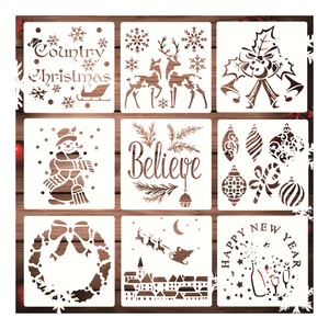 9 pochoirs de Noël réutilisables, pochoirs de Noël de 6x6 pouces pour la <span class=keywords><strong>peinture</strong></span> <span class=keywords><strong>sur</strong></span> <span class=keywords><strong>bois</strong></span>, modèles de pulvérisation de dessin en plastique - Product Image 1