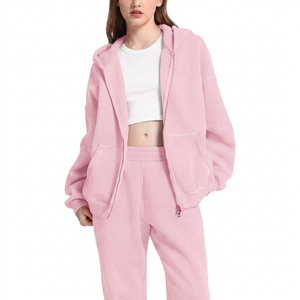 Conjunto de Sudadera con Capucha Extra Grande para Mujer, 100% Algodón, Ecológico, Transpirable, Color Rosa Sólido, Manga Larga, Otoño - Product Image 1