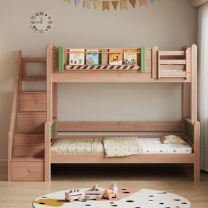Lit superposé en bois massif de pin avec rangements hauts et bas, lit double pour chambre d'enfant avec couchettes supérieure et inférieure - Product Image 1