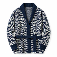 Cardigan en tricot jacquard géométrique à col châle pour homme avec ceinture, manches longues, ouverture sur le devant, épais et chaud, style pull-manteau