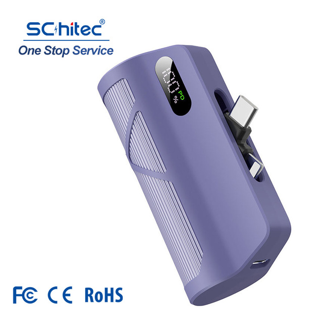 Schitec Build in Type C Cable Ports Power Bank 5000mah Ultra Thin Pocket Mini Portable Power Phone Charger for Mobile Device