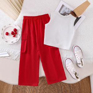 Conjunto de dos piezas de verano para niña, chaleco de manga, traje de punto de algodón de pierna ancha roja, trajes de verano con logotipo de <span class=keywords><strong>Animal</strong></span> - Product Image 2