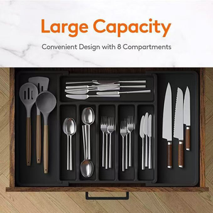 Organisateur de tiroir de cuisine réglable plateau à ustensiles en plastique avec diviseur pour divers rangements de couteaux et fourchettes à couverts - Product Image 1